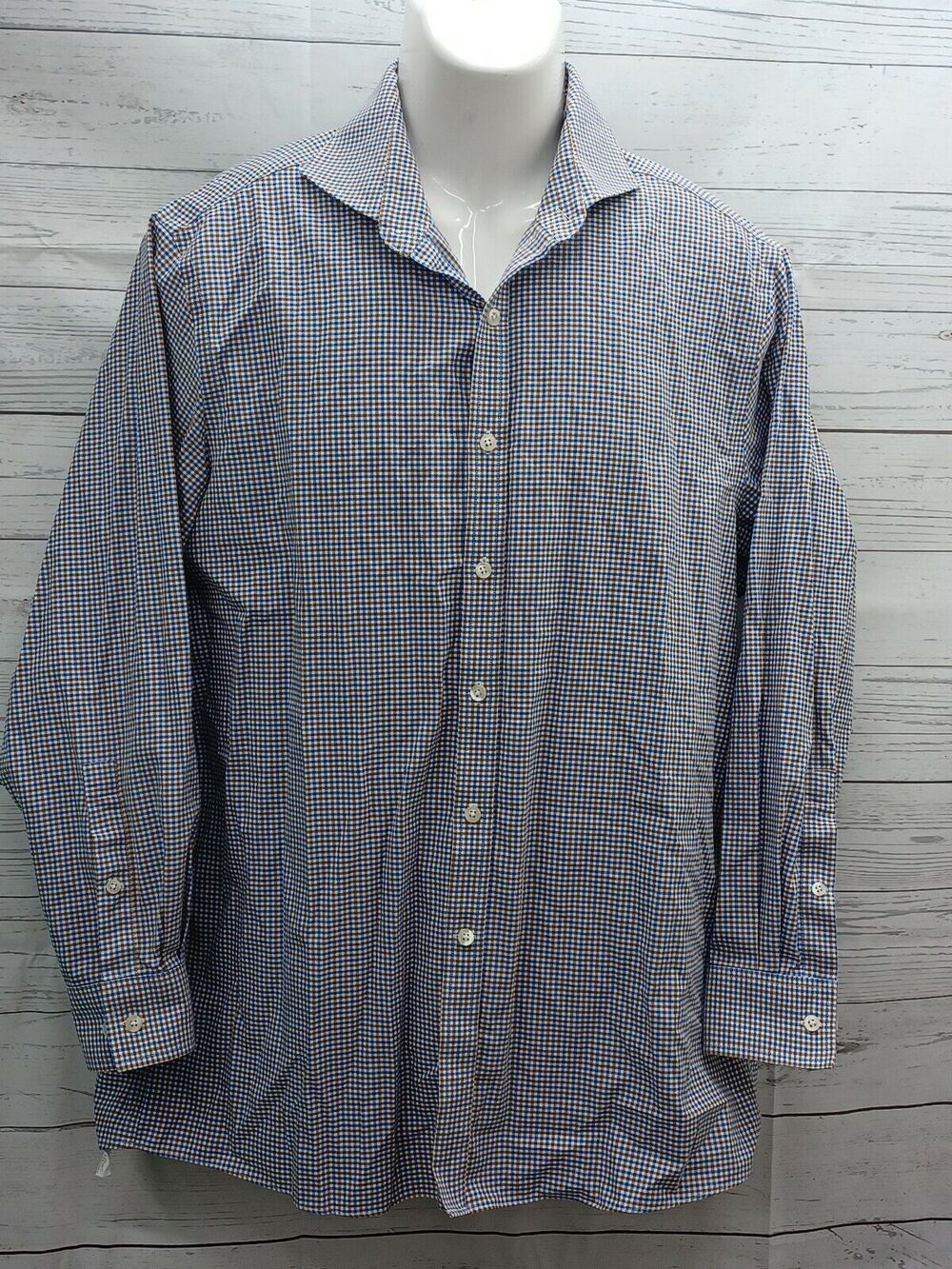 Michael Kors Blue Check Mens Long Sleeve Non Iron Shirt Sz 16.5 32/33